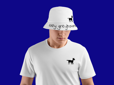 man wearing lazy greyhound logo bucket hat and tee