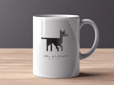 white mug with lazy greyhound logo